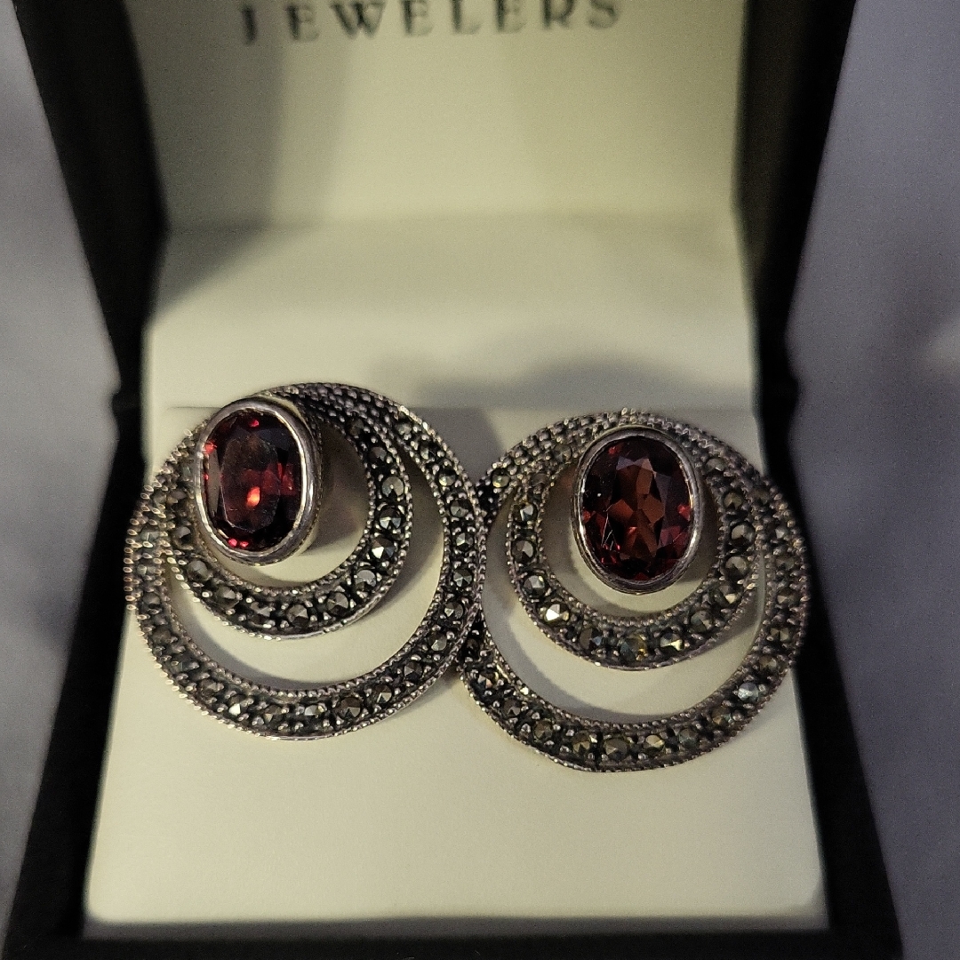 Garnet And Silver Hoop Earrings